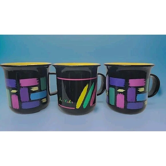 3 VTG Black & Yellow Eldiro Coffee Mugs Plastic Retro 80s Color Pops W. Germany - Picture 2 of 7